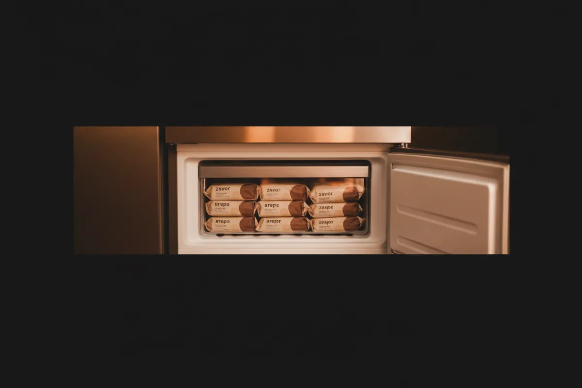 Freezer drawer stocked neatly with Zavor arepa packs