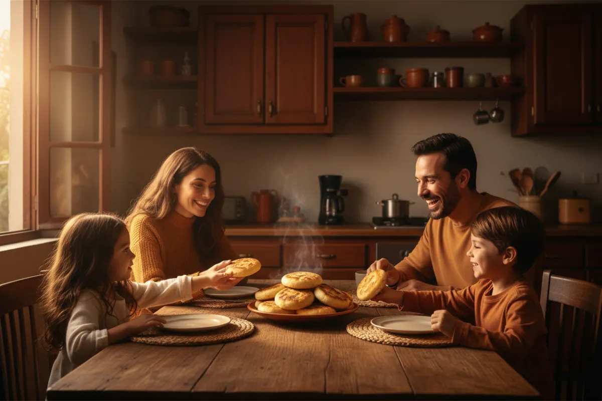 Family enjoying breakfast with warm arepas and coffee