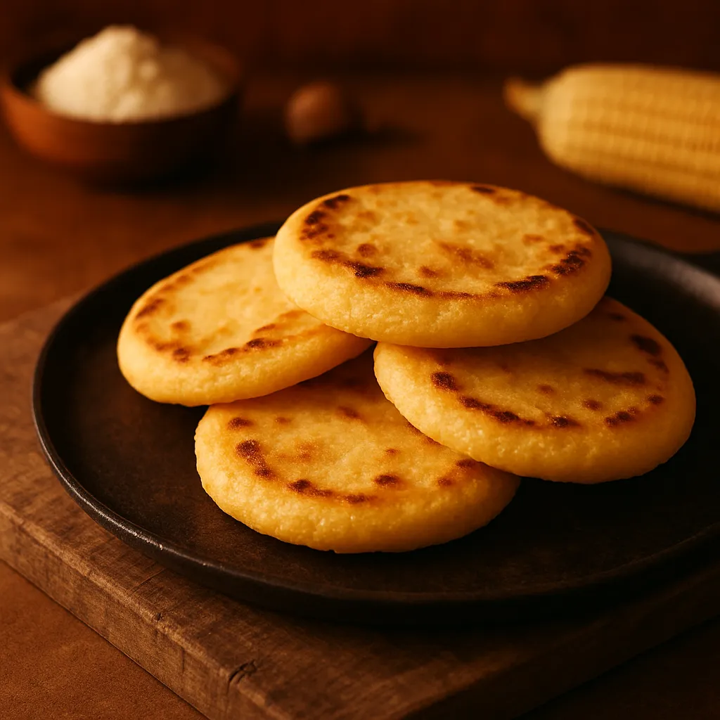 Traditional Colombian arepas being prepared on a rustic surface with simple ingredients