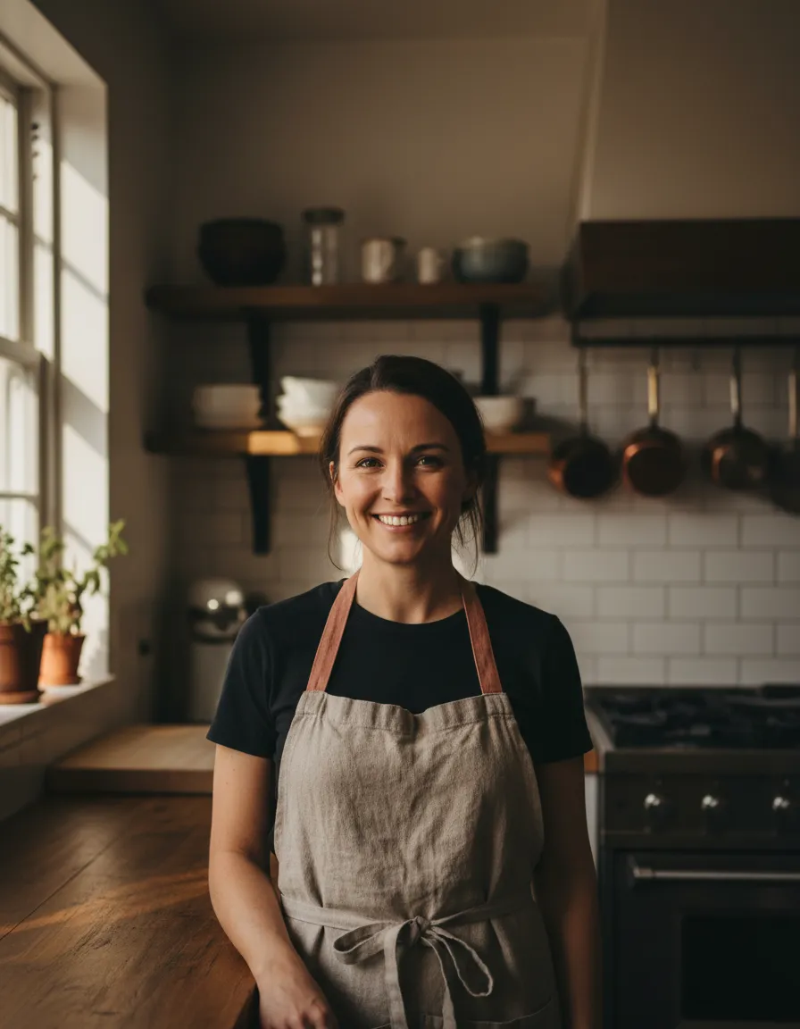 Woman smiling in her kitchen, natural and unposed