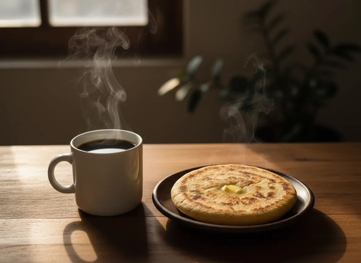 Golden crispy arepa steaming on a plate ready to eat with freshly brewed coffee