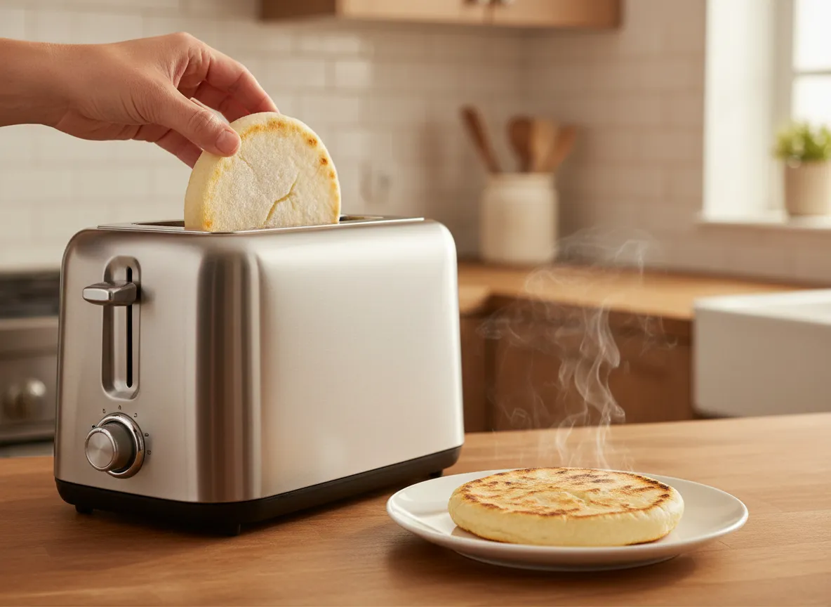 Hand placing Colombian arepa into toaster with finished golden arepa on plate
