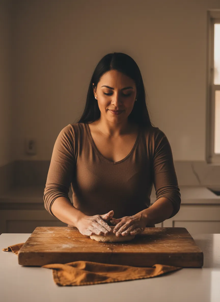 Laura, founder of Zavor & Co., hand-making authentic Colombian arepas in a warm, natural kitchen