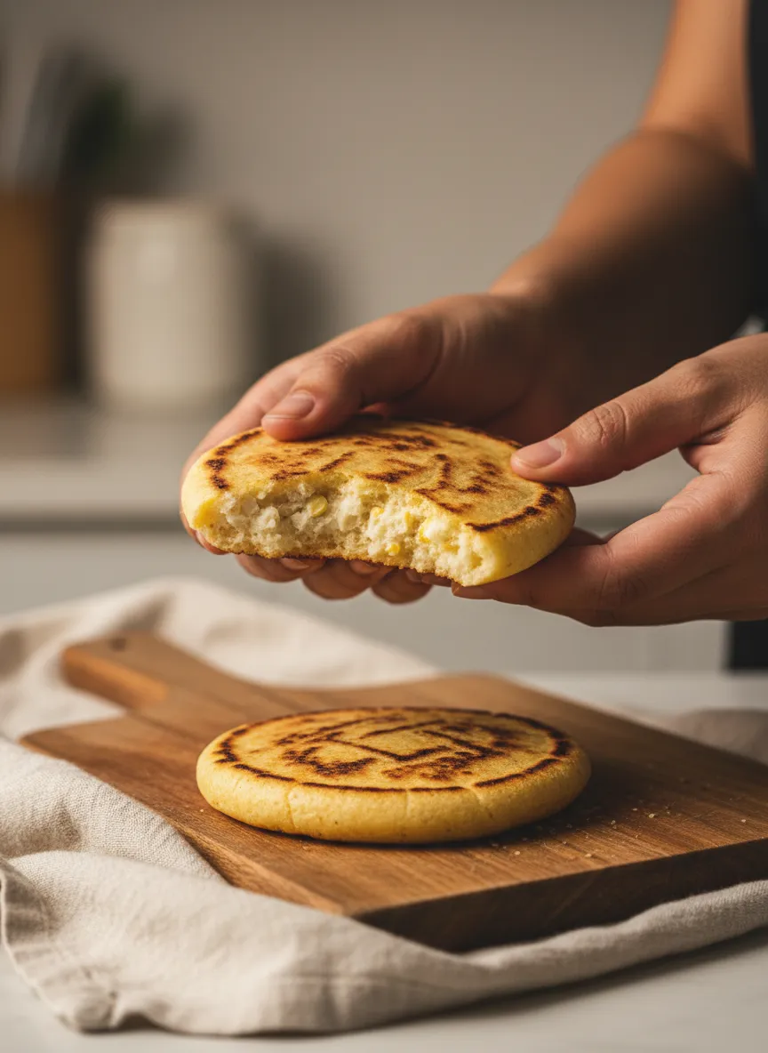 Warm hands holding a freshly toasted, golden Colombian arepa, pulled slightly apart to show the soft interior.