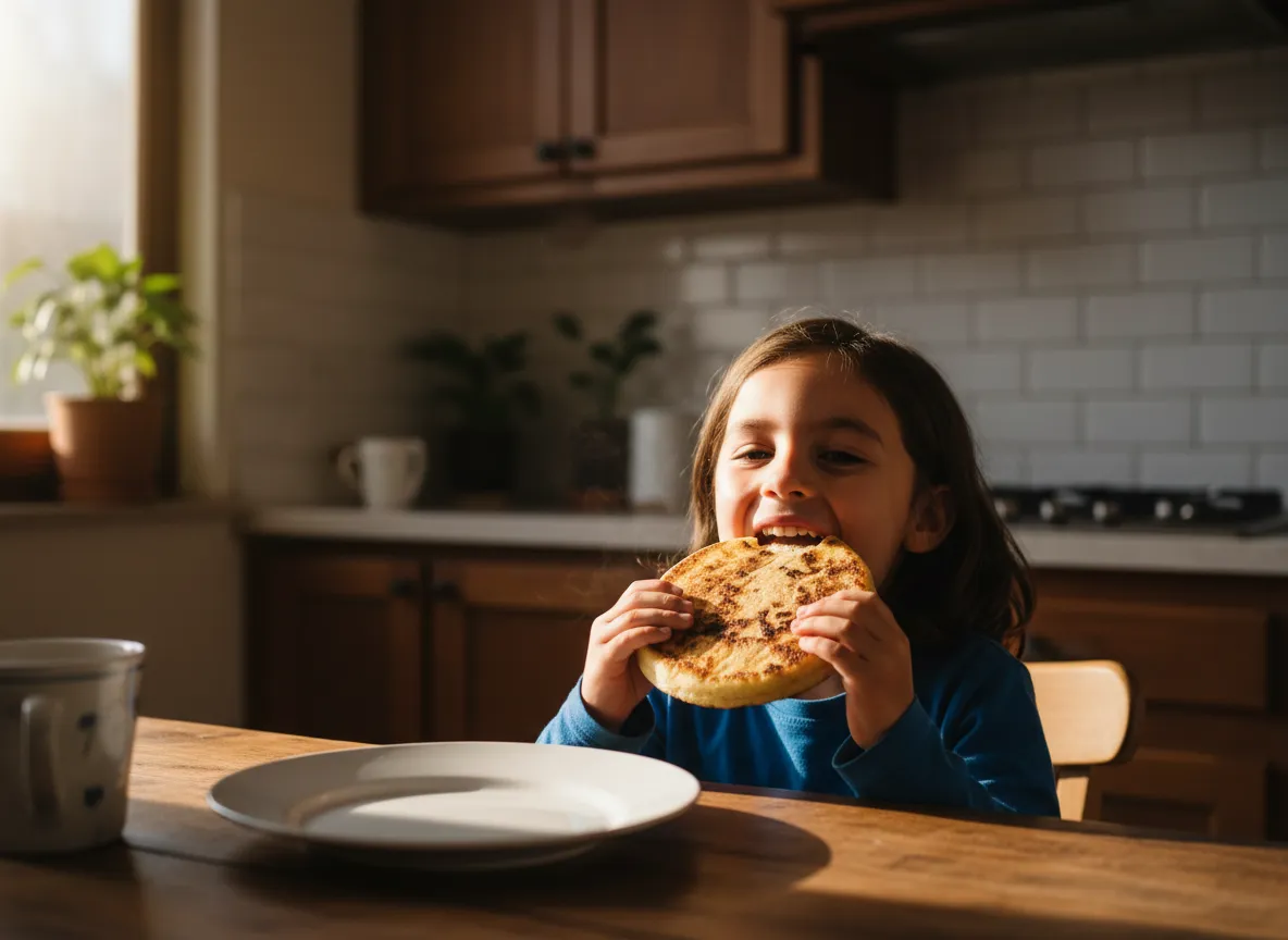A happy child holding a warm, toasted arepa with both hands in a sunlit kitchen