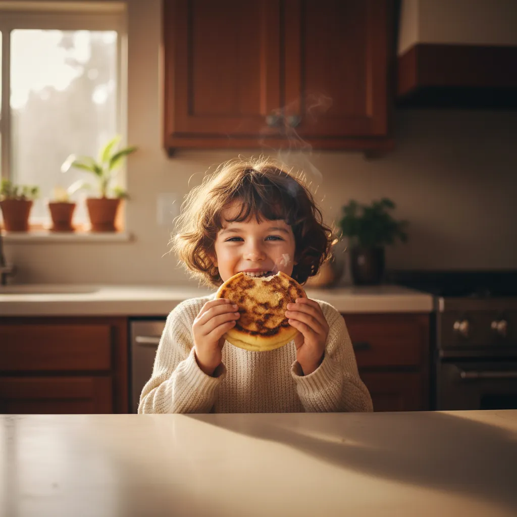 A happy child holding a warm, toasted arepa with both hands in a sunlit kitchen