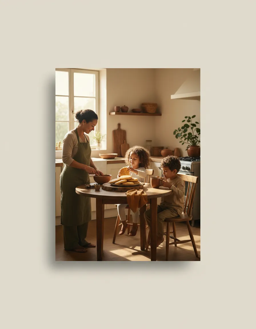 A relatable, warm family kitchen scene on a busy morning