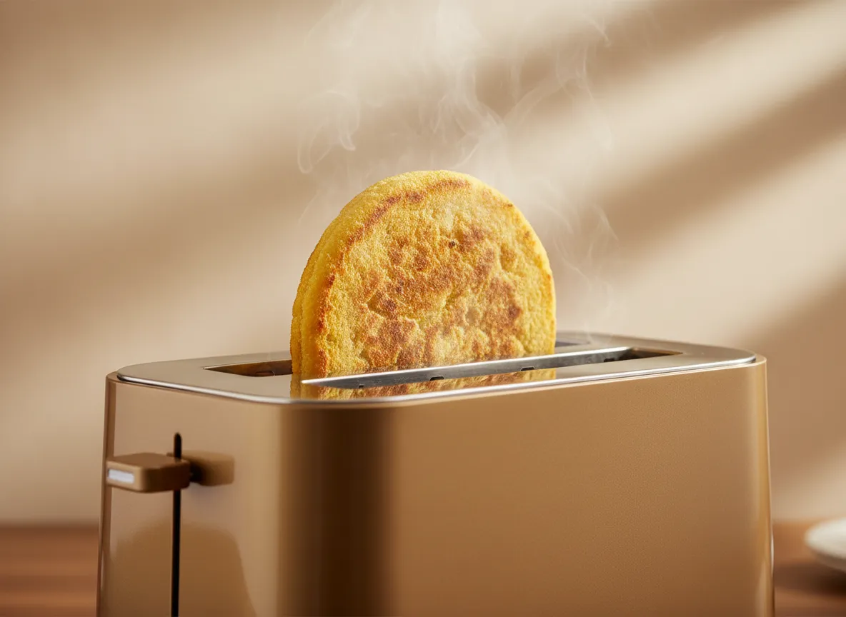 Close-up of golden arepa going into a toaster