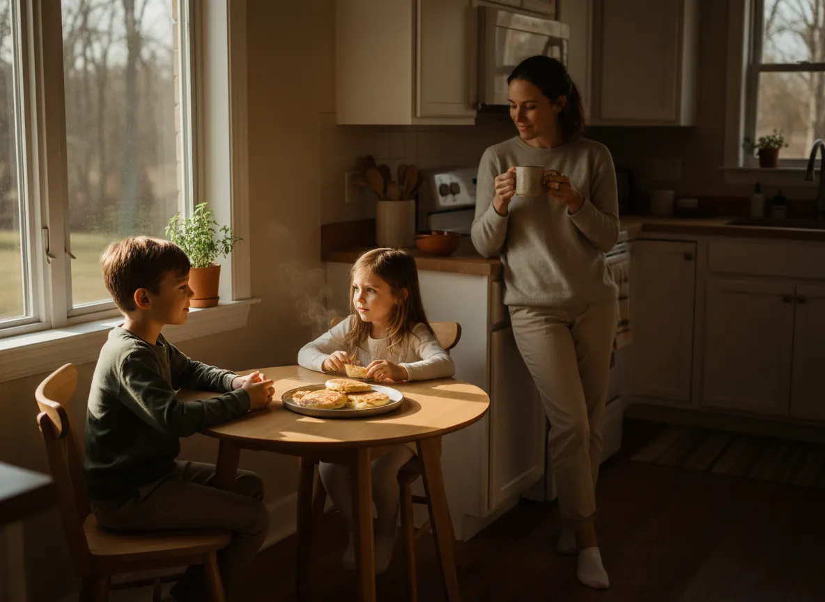 A relatable, warm family kitchen scene on a busy morning