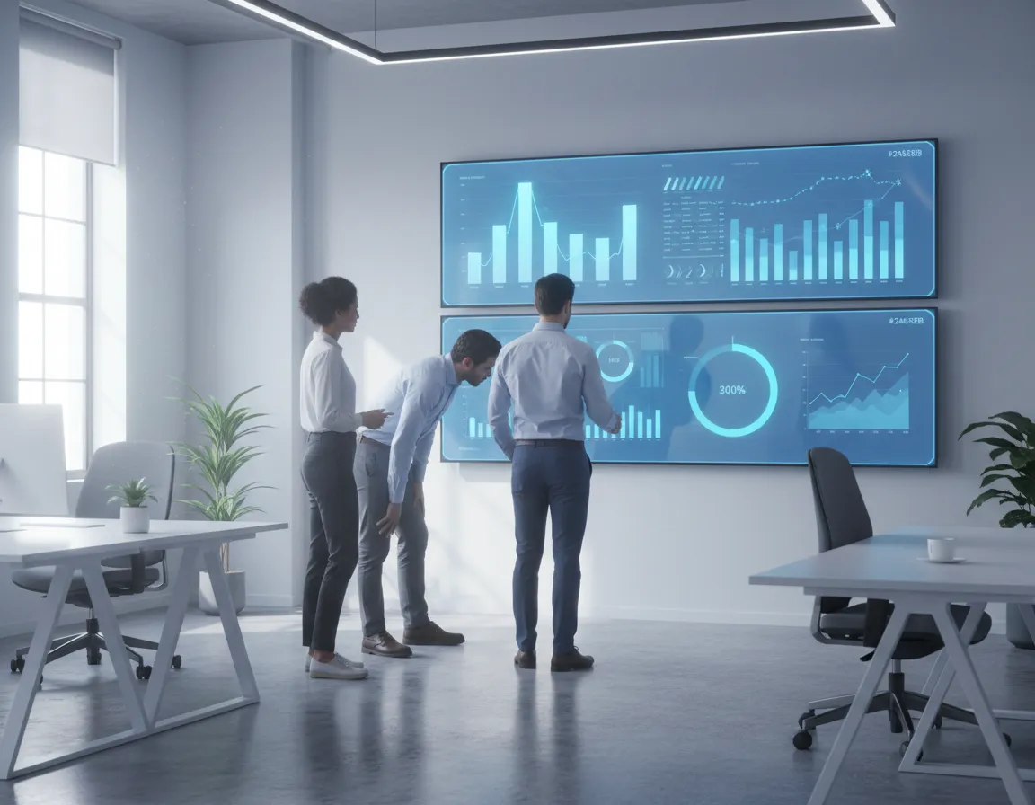 Team collaborating over data dashboards