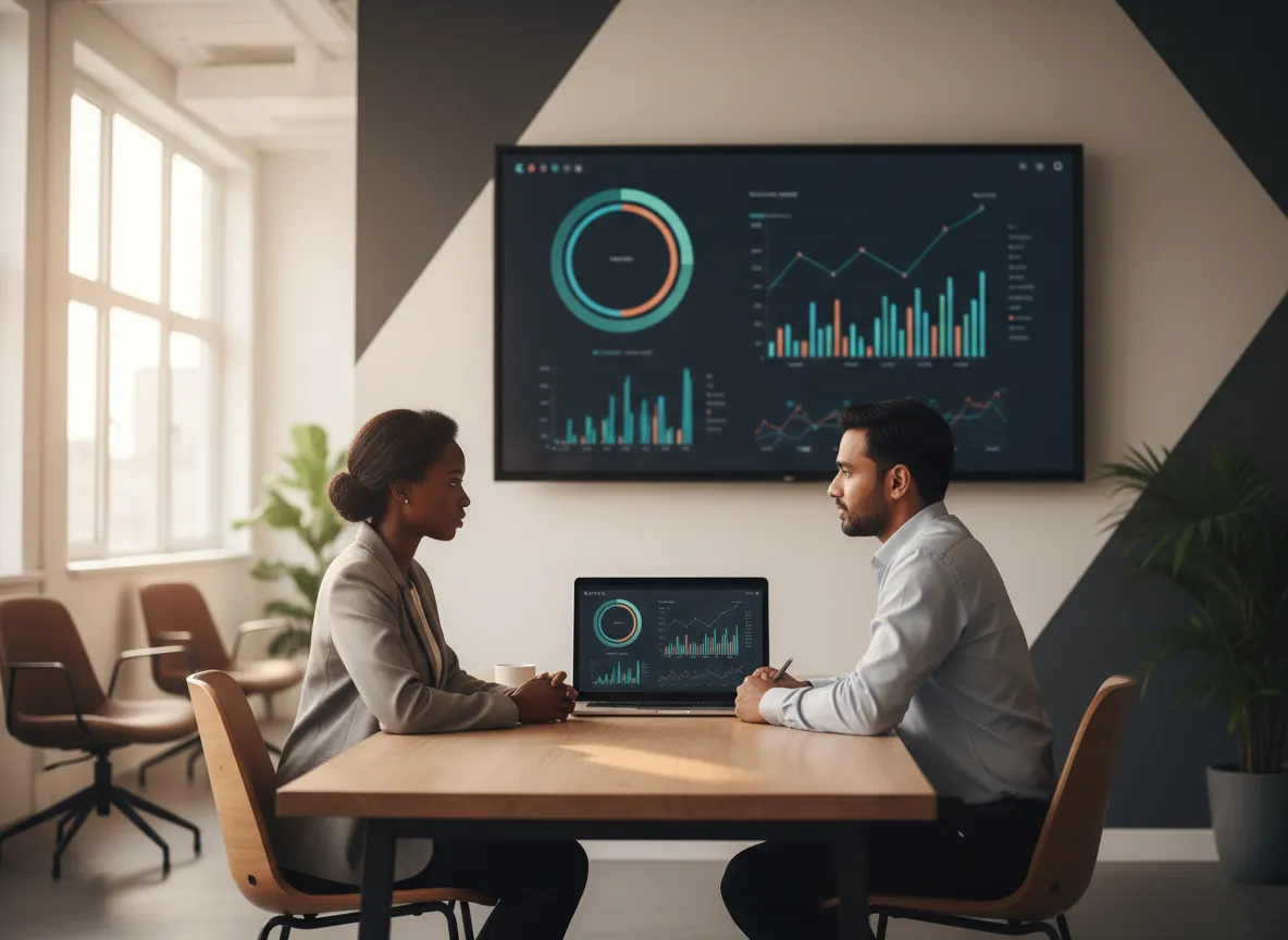 Team data consultation scene with dashboard on screen