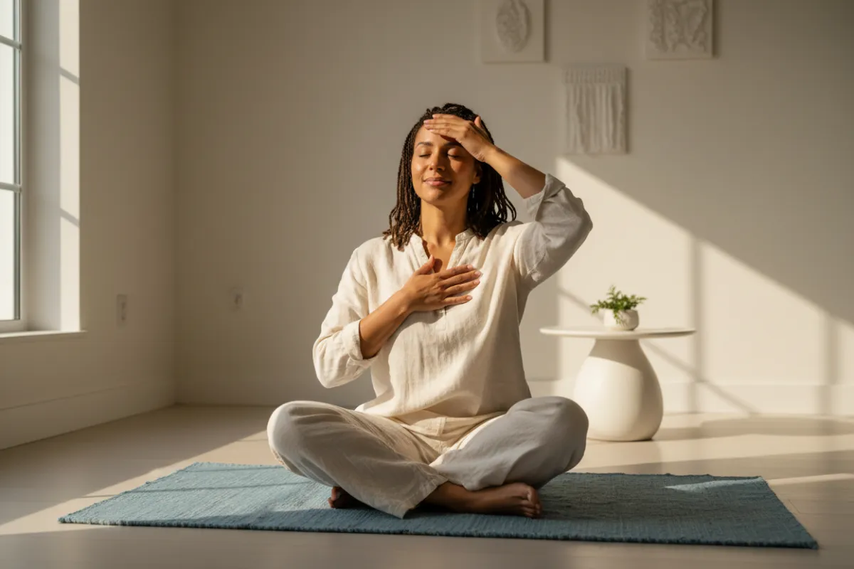 A serene, diverse woman in her 30s sits cross-legged on a soft blue mat, eyes closed, hands over heart and forehead, surrounded by gentle morning light in a minimalist living room. The scene radiates calm and focus, evoking a sense of inner peace and clarity.