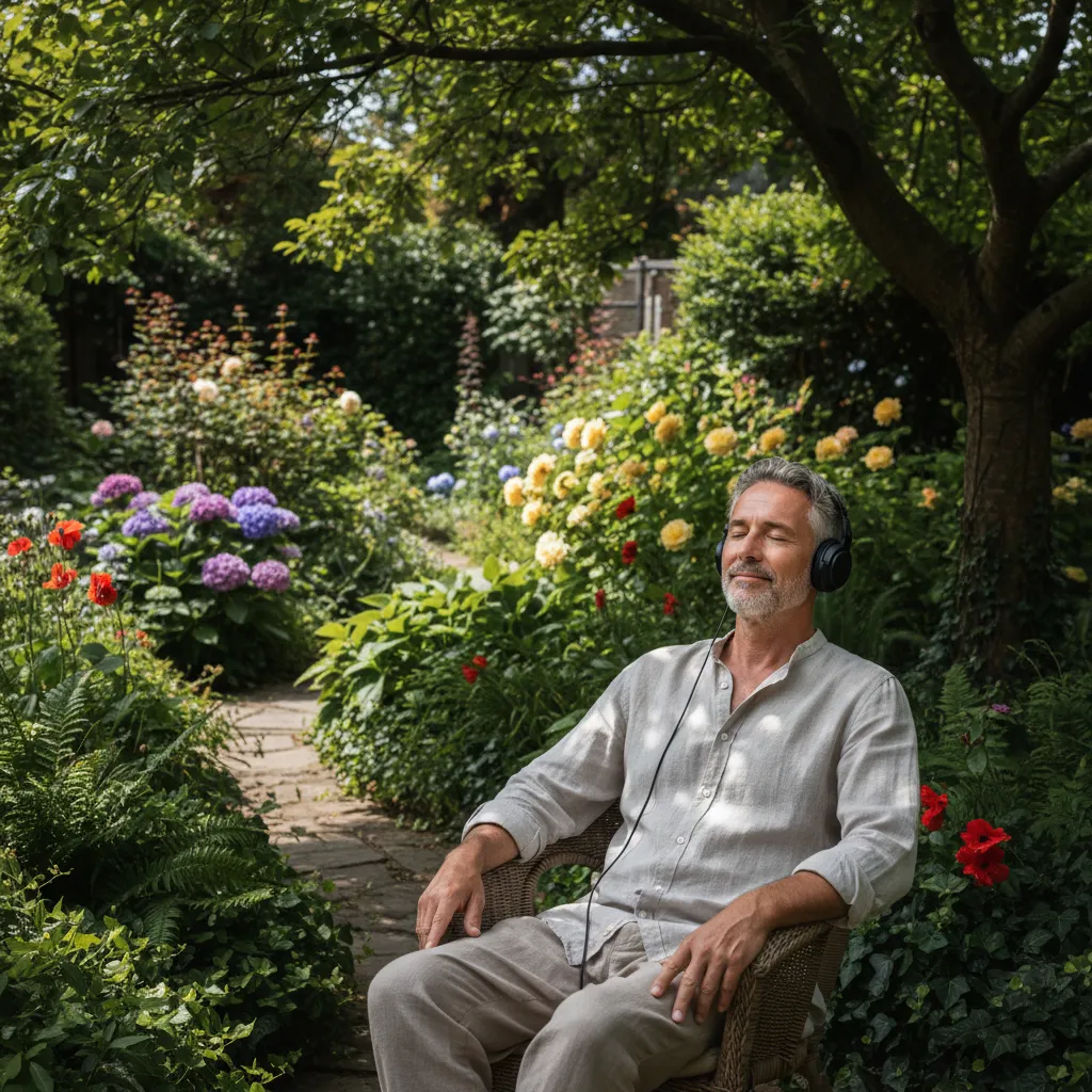 A peaceful middle-aged man with salt-and-pepper hair sits in a sunlit garden, headphones on, eyes closed, smiling softly. Lush greenery and blooming flowers surround him, creating a vibrant, restorative atmosphere that highlights relaxation and mindful presence.