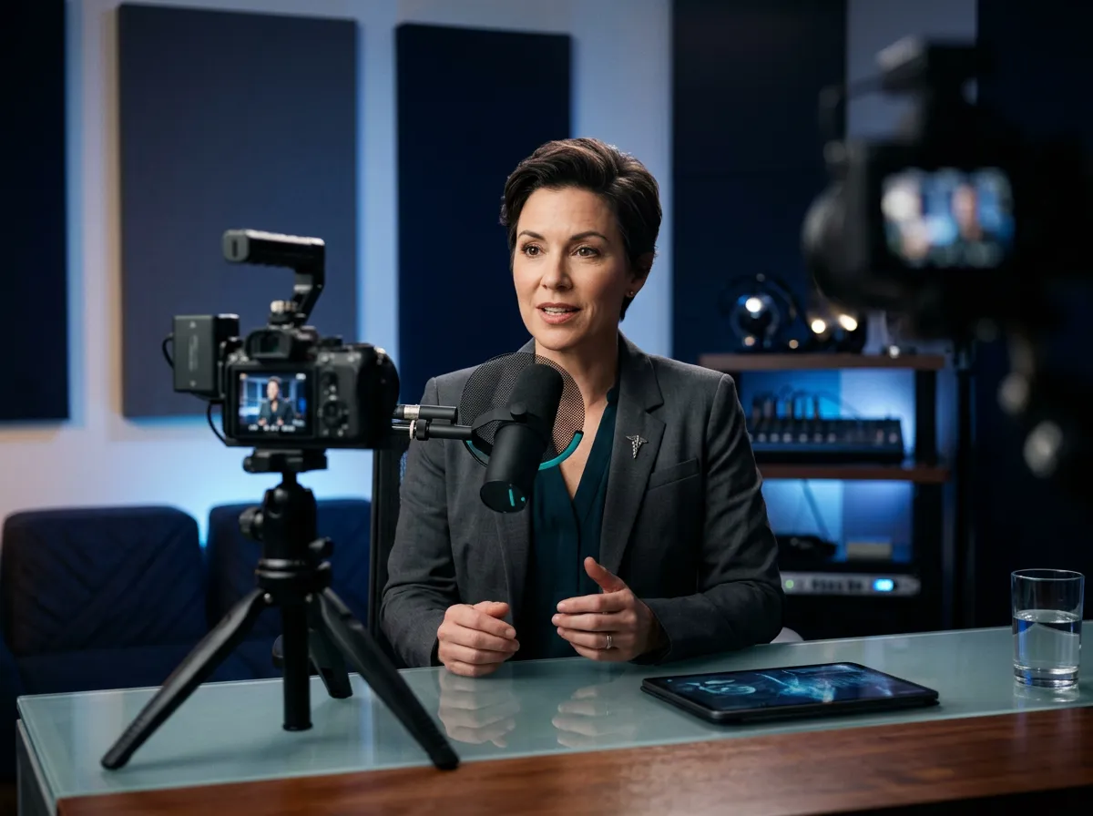 Physician broadcasting clinical insights from modern studio environment