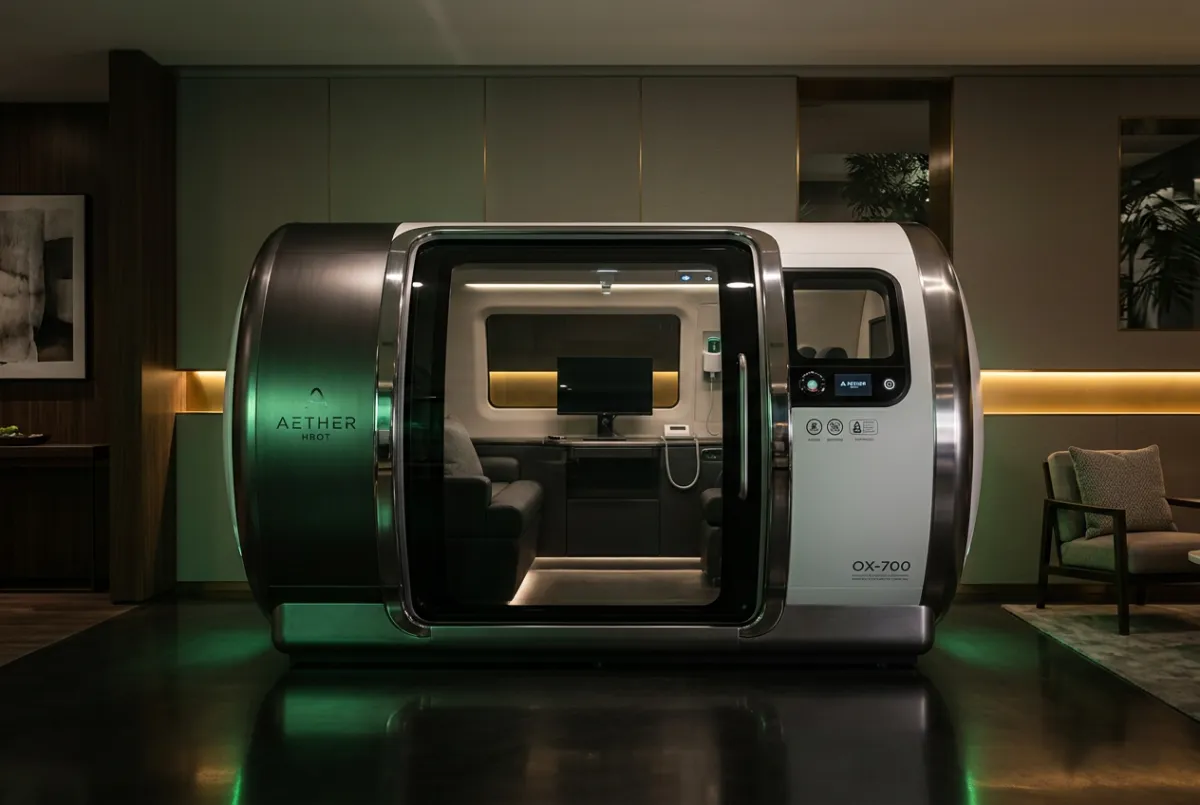 Sleek modern mild hyperbaric oxygen therapy chamber in a quiet hospitality lounge