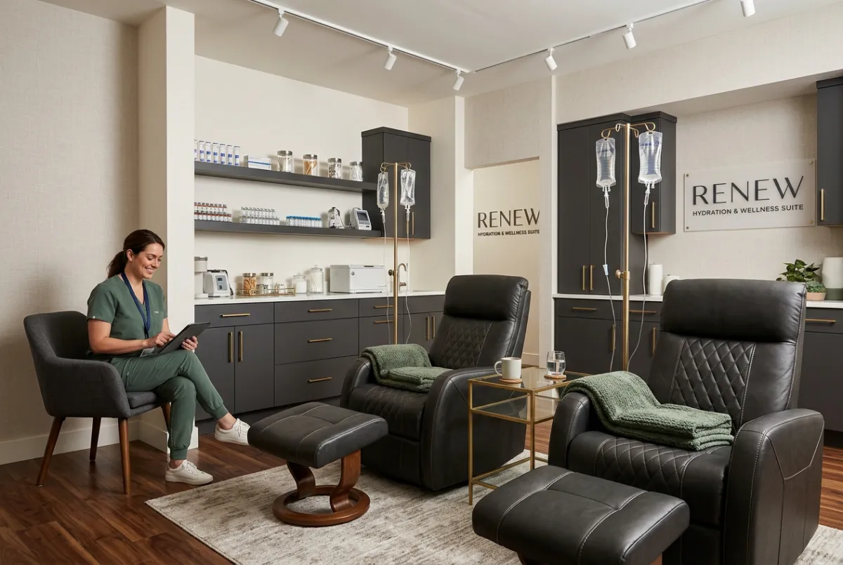 Clinical grade IV hydration and micronutrient infusion suite with leather recliners