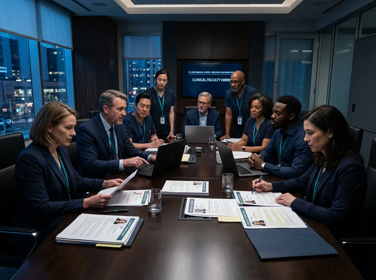 Physician department chiefs in a medical center boardroom strategizing clinical hiring