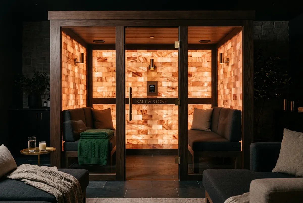 Infrared halotherapy salt cabin with soft amber ambient lighting