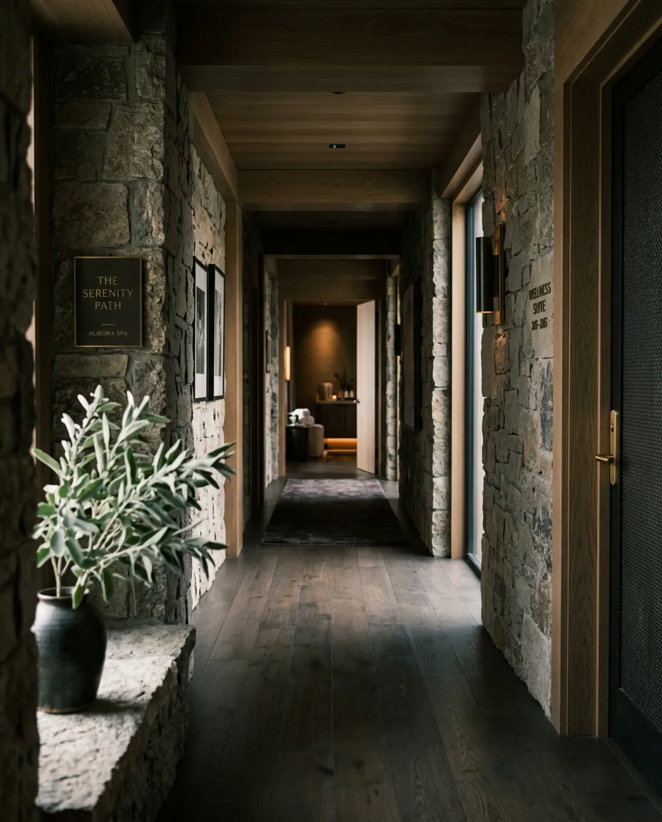 Serene and minimalist luxury wellness sanctuary interior with warm neutral architectural finishes