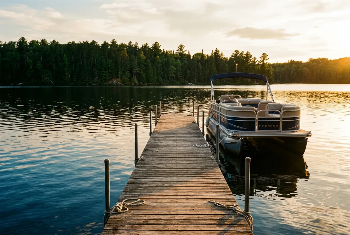 Sun-drenched Forest Lake dock with pontoon boats on clear blue water