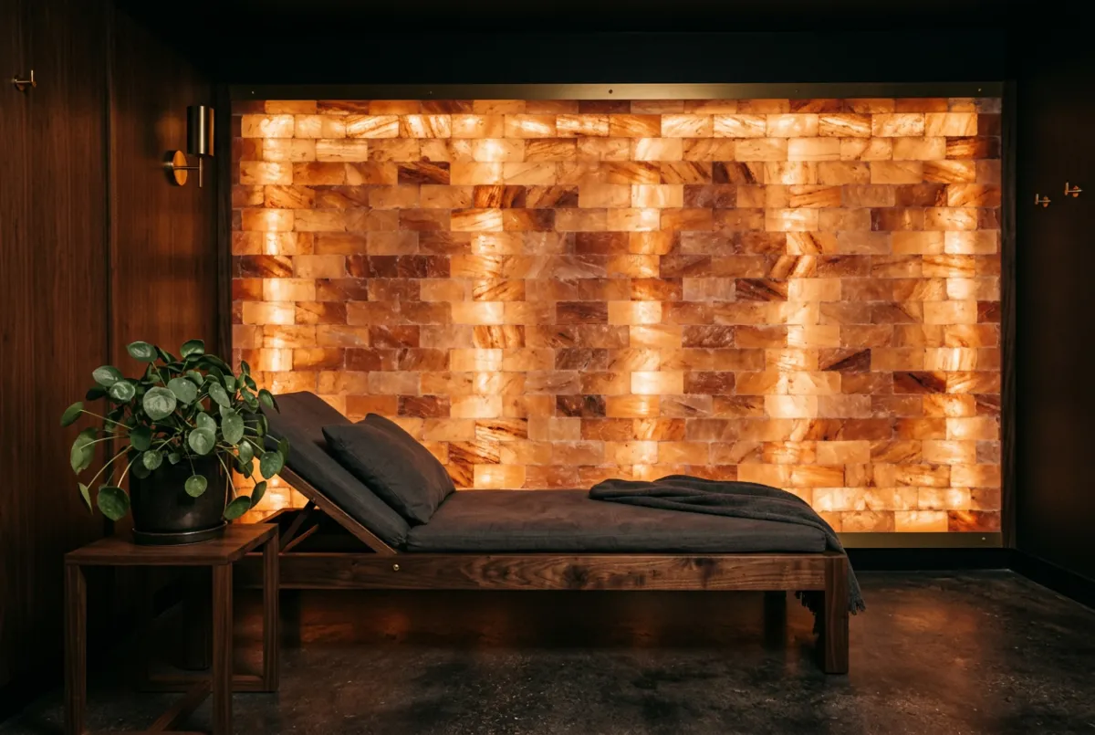 Illuminated Himalayan salt wall halo sanctuary with warm ambient backlit brick glow