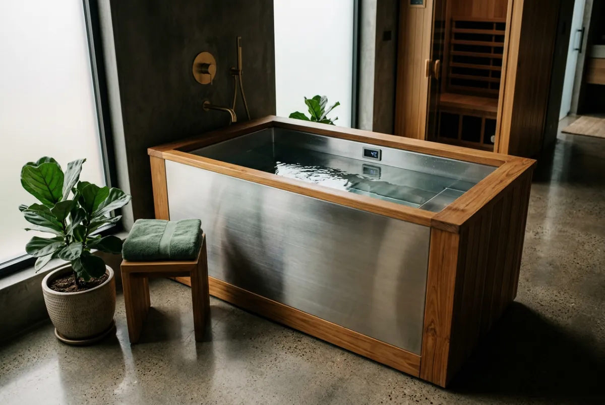 Commercial contrast therapy cold plunge bath encased in natural stone and brushed brass