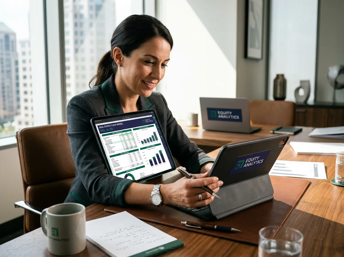 Professional reviewing real estate financial models on a tablet