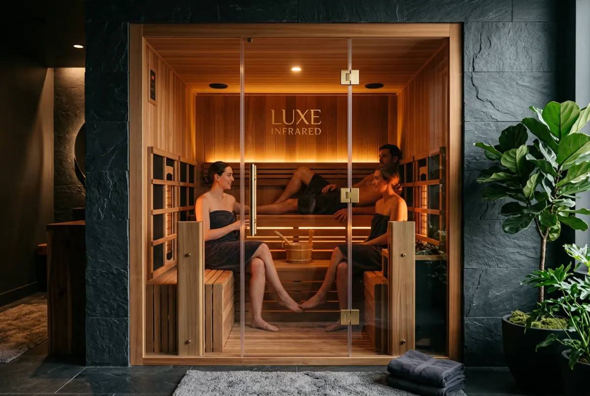 Full-spectrum infrared sauna suite with cedar wood accents and ambient warmth