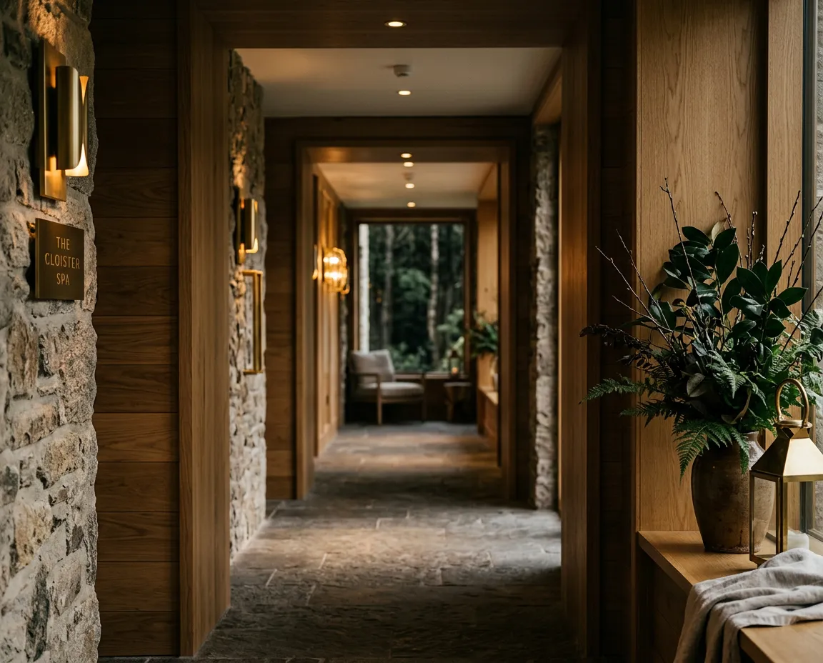 Serene and refined modern wellness facility interior with warm lighting and spa recovery amenities