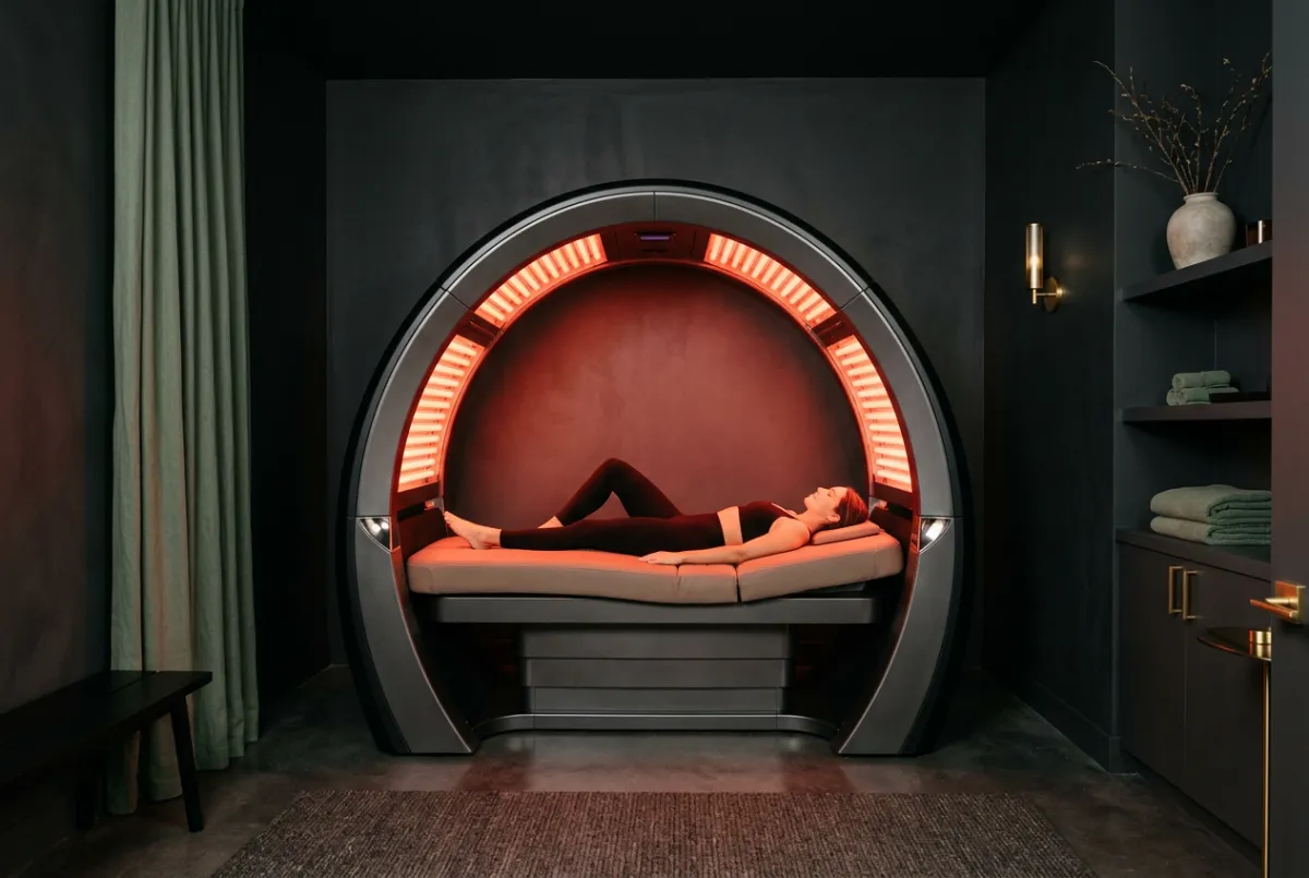 Full-body red light photobiomodulation therapy canopy in luxury wellness studio