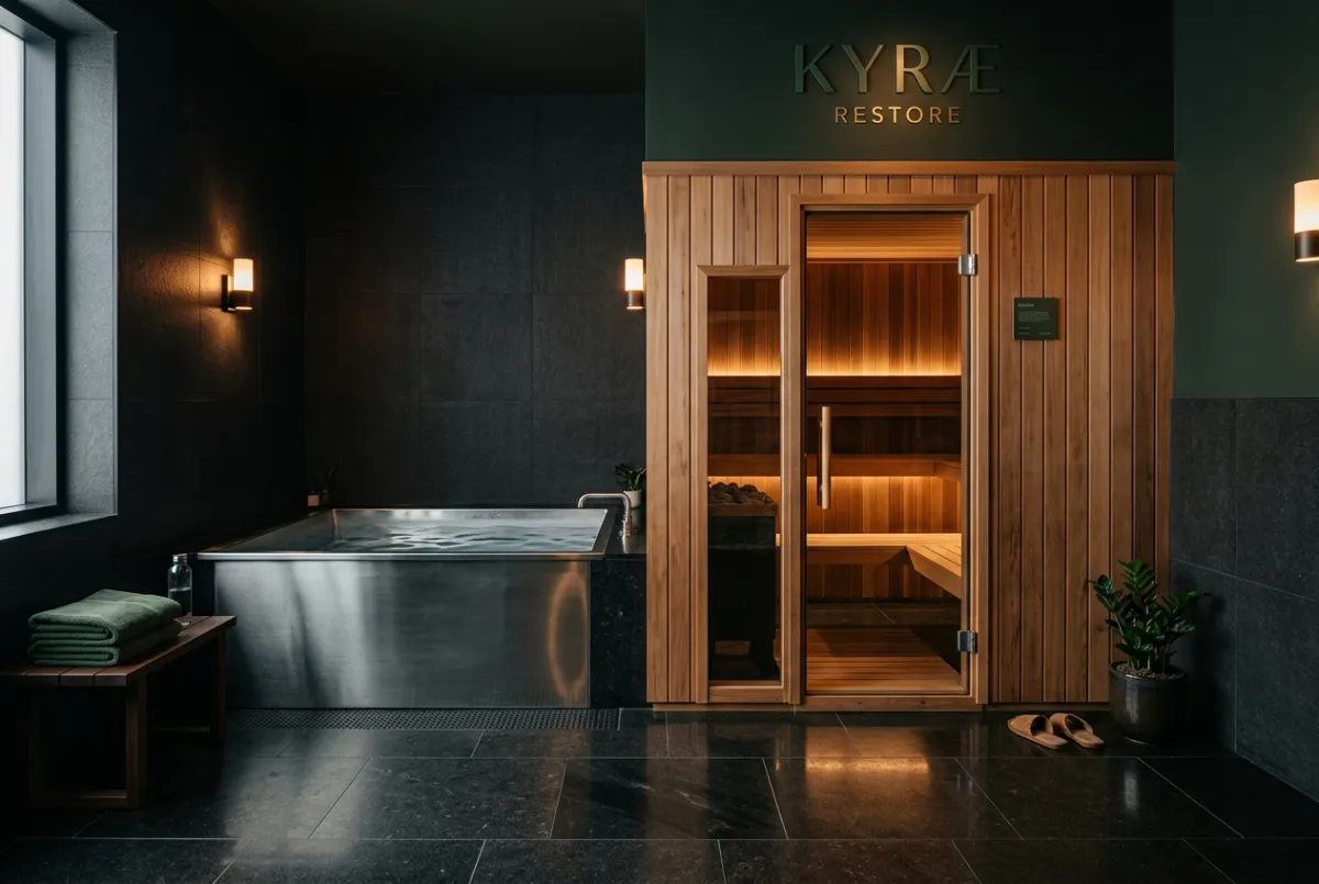 Commercial contrast therapy suite with cold plunge tub and cedar sauna