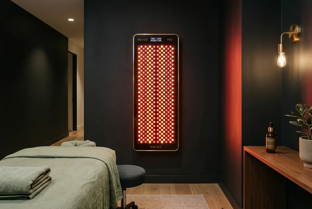 Clinical-grade red light therapy panel system in an upscale wellness suite