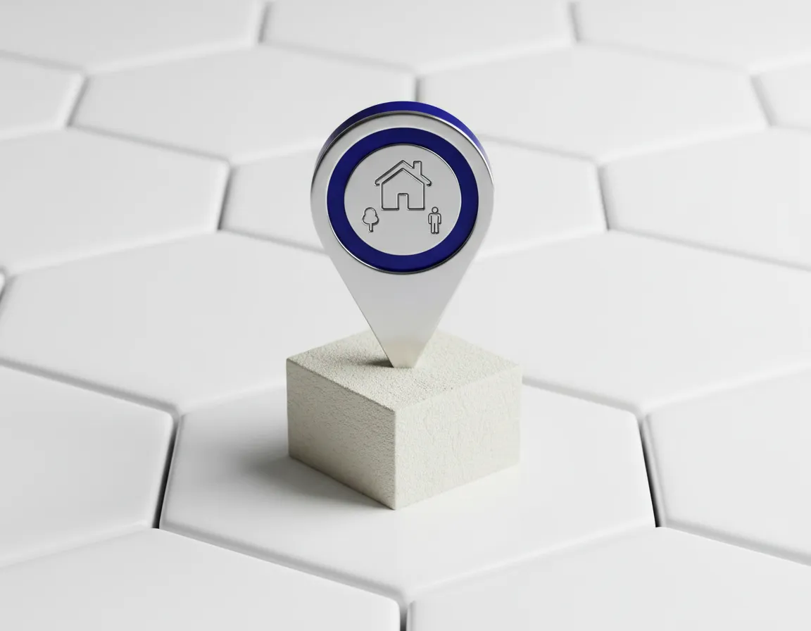 Close up of a stylized community map pin embedded in a neighborhood box