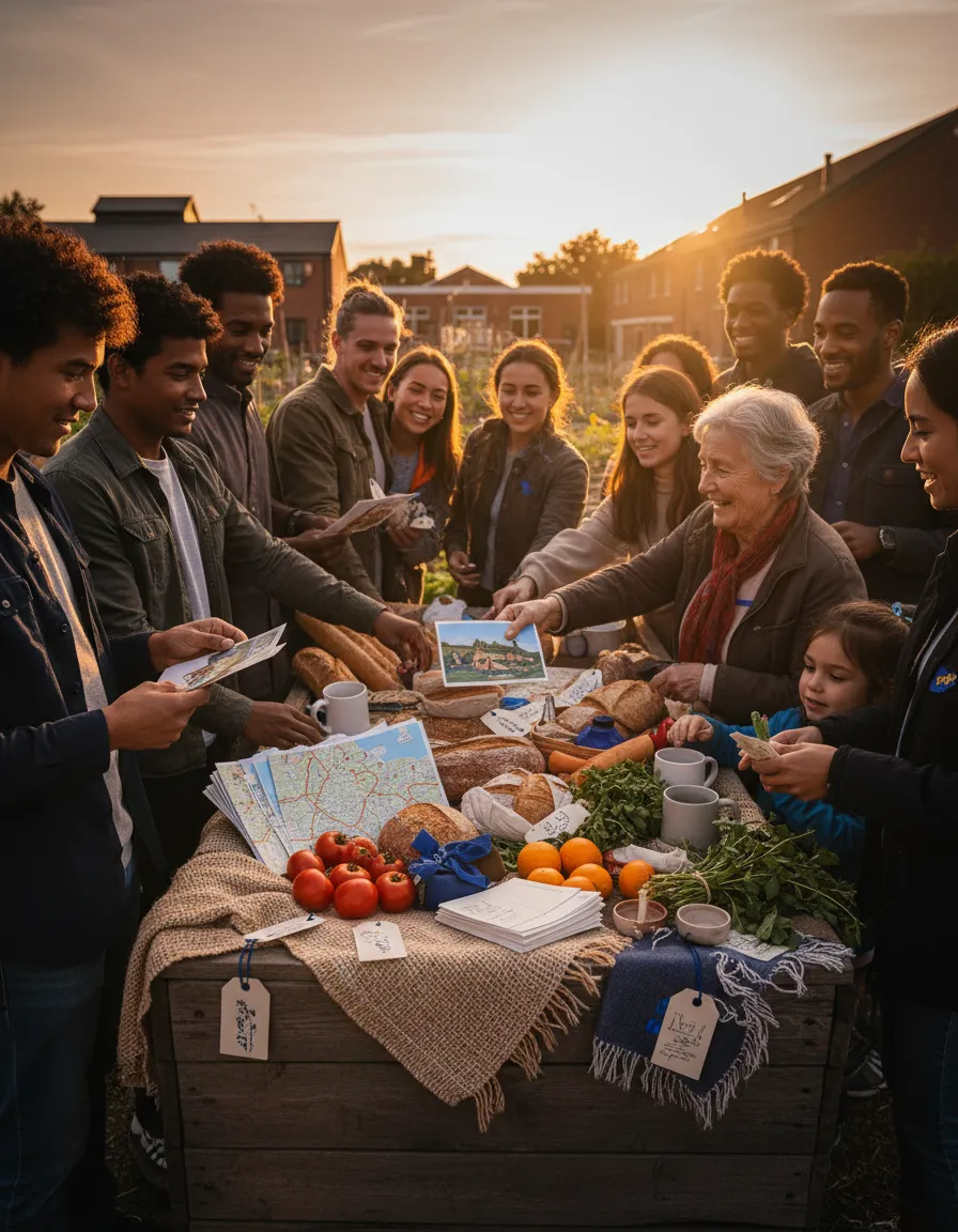 A diverse group of neighbors gathering around an open community box filled with local goods