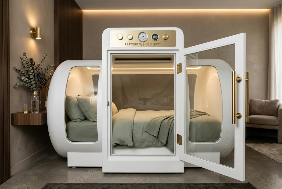 Mild hyperbaric oxygen therapy chamber with serene hospitality styling