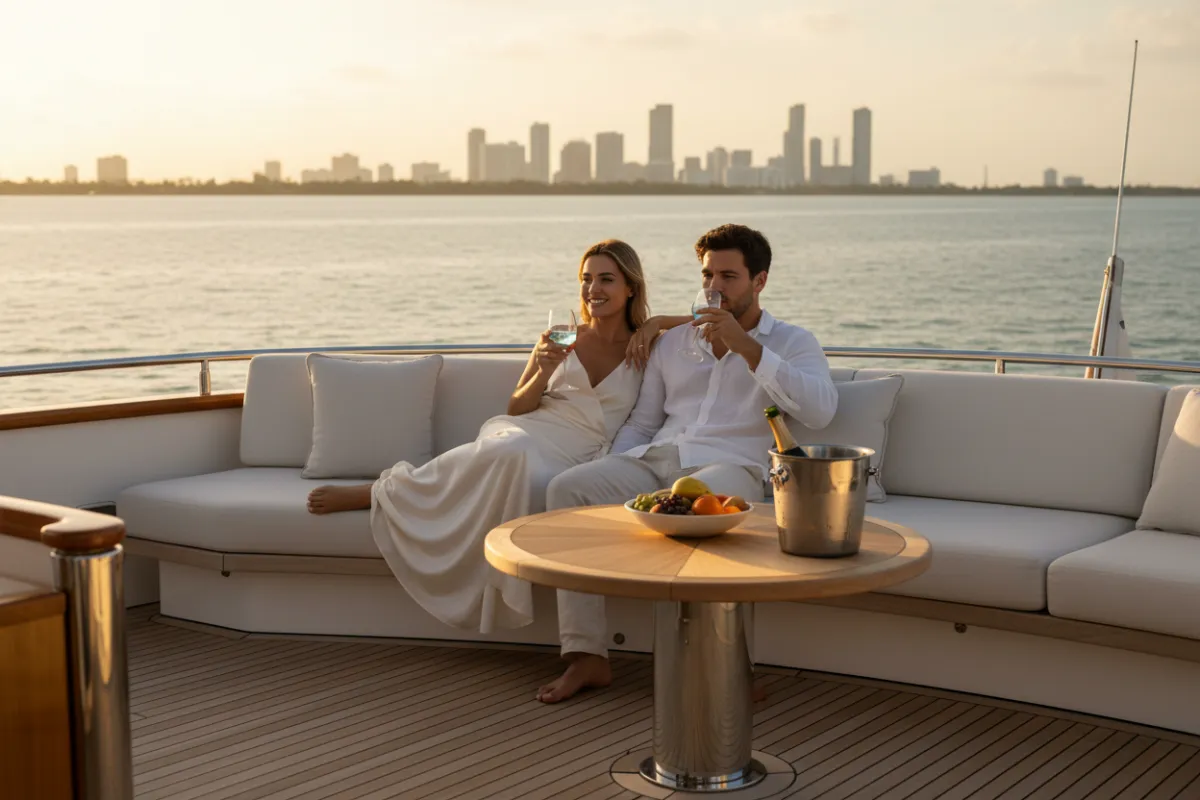 Couple enjoying a South Beach sunset with the Art Deco skyline in the background