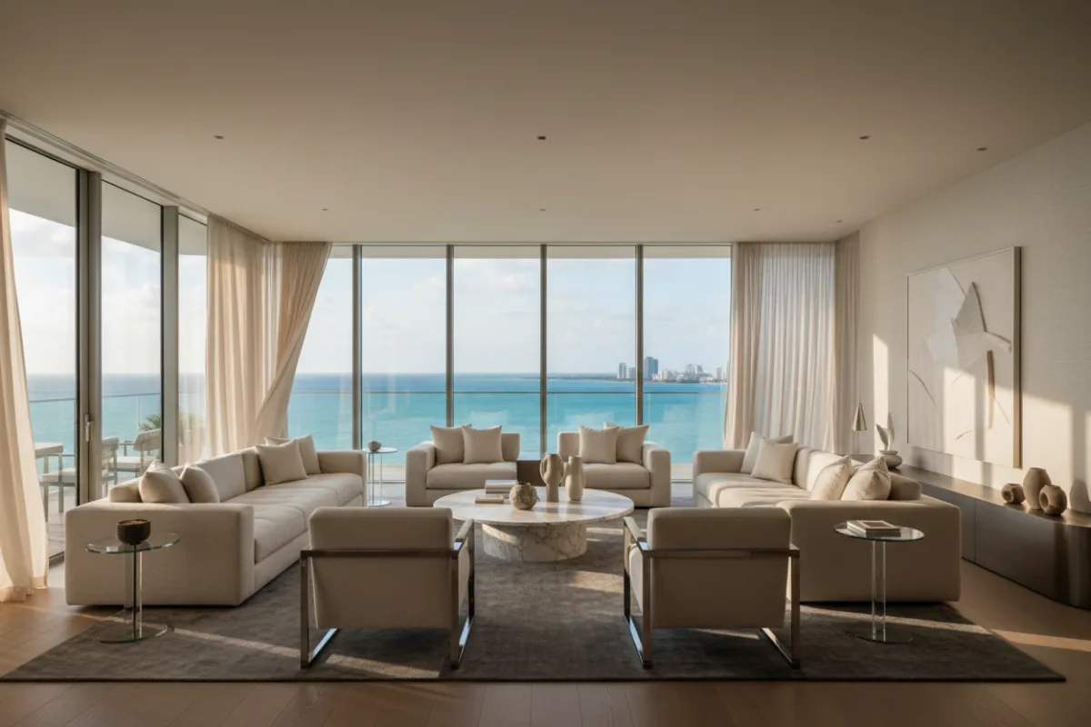 Luxury Miami penthouse interior with ocean and Biscayne Bay views