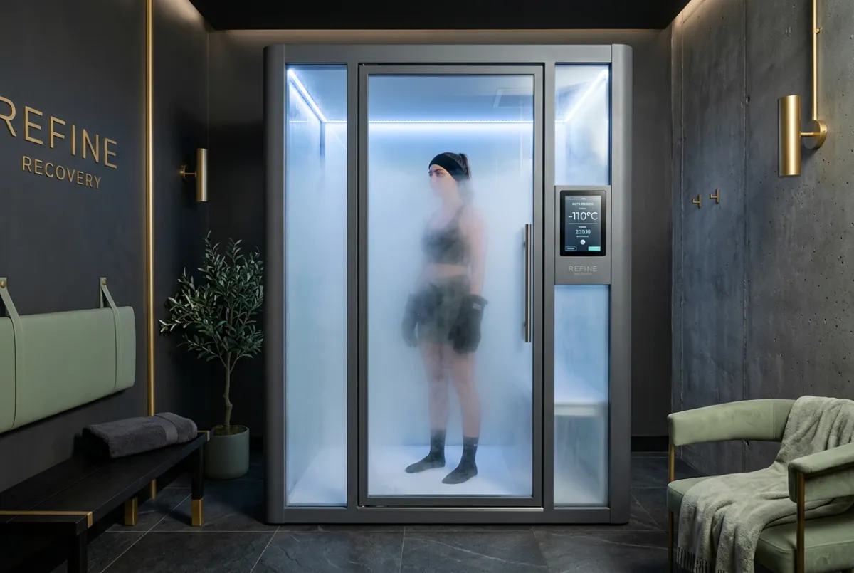 Whole-body electric cryotherapy chamber with frosted glass and minimalist architectural frame