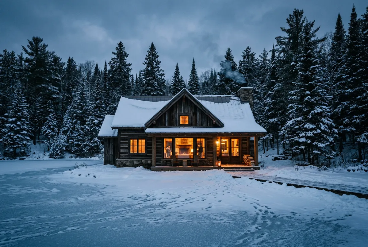 Cozy snow-covered Forest Lake cabin with warm glowing windows and frozen lake backdrop