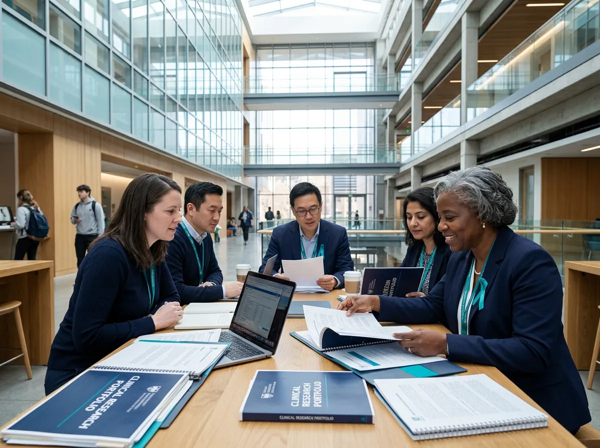 Modern medical university campus atrium with faculty reviewing clinical research portfolios