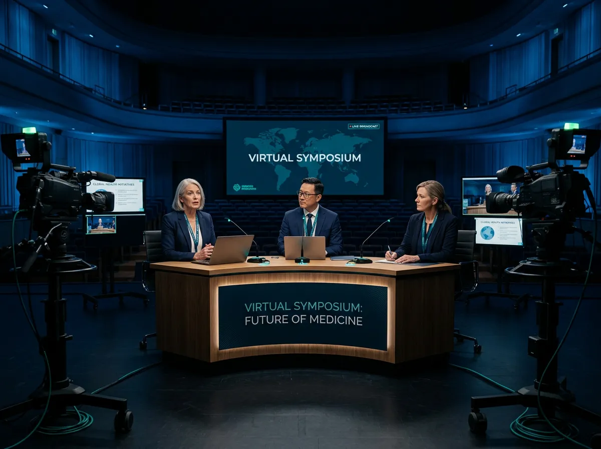 Academic medical leadership directing a virtual symposium in an auditorium setting