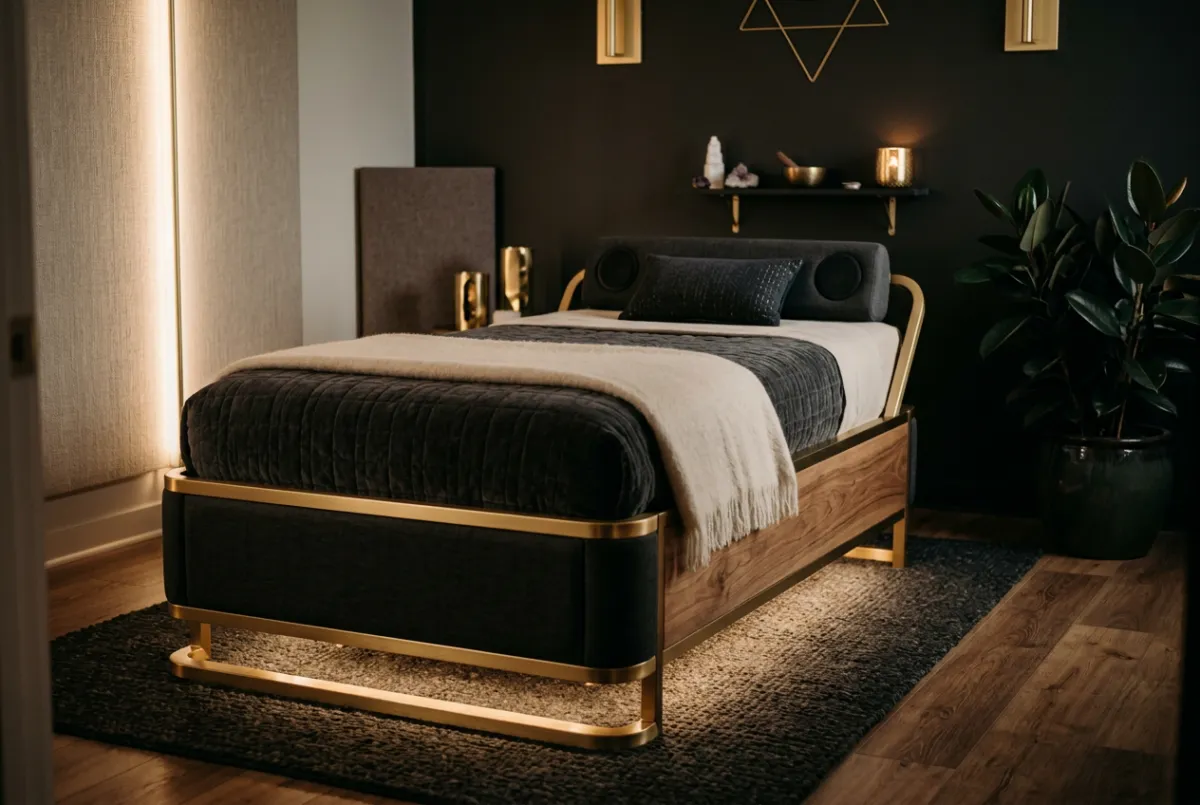 Acoustic sound wave vibroacoustic meditation bed with soothing ambient light