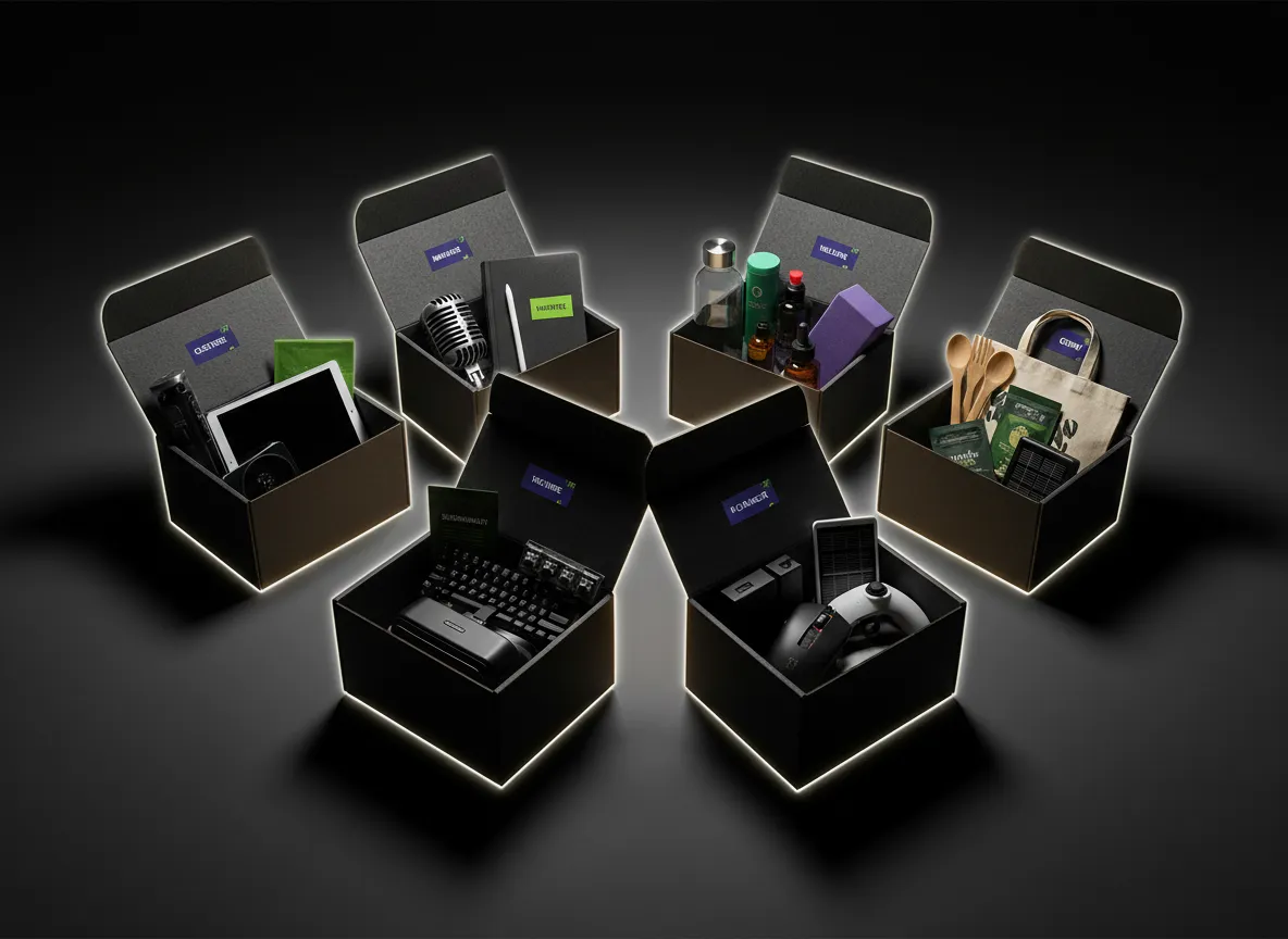 Several open boxes representing different communities and industries curated with essentials