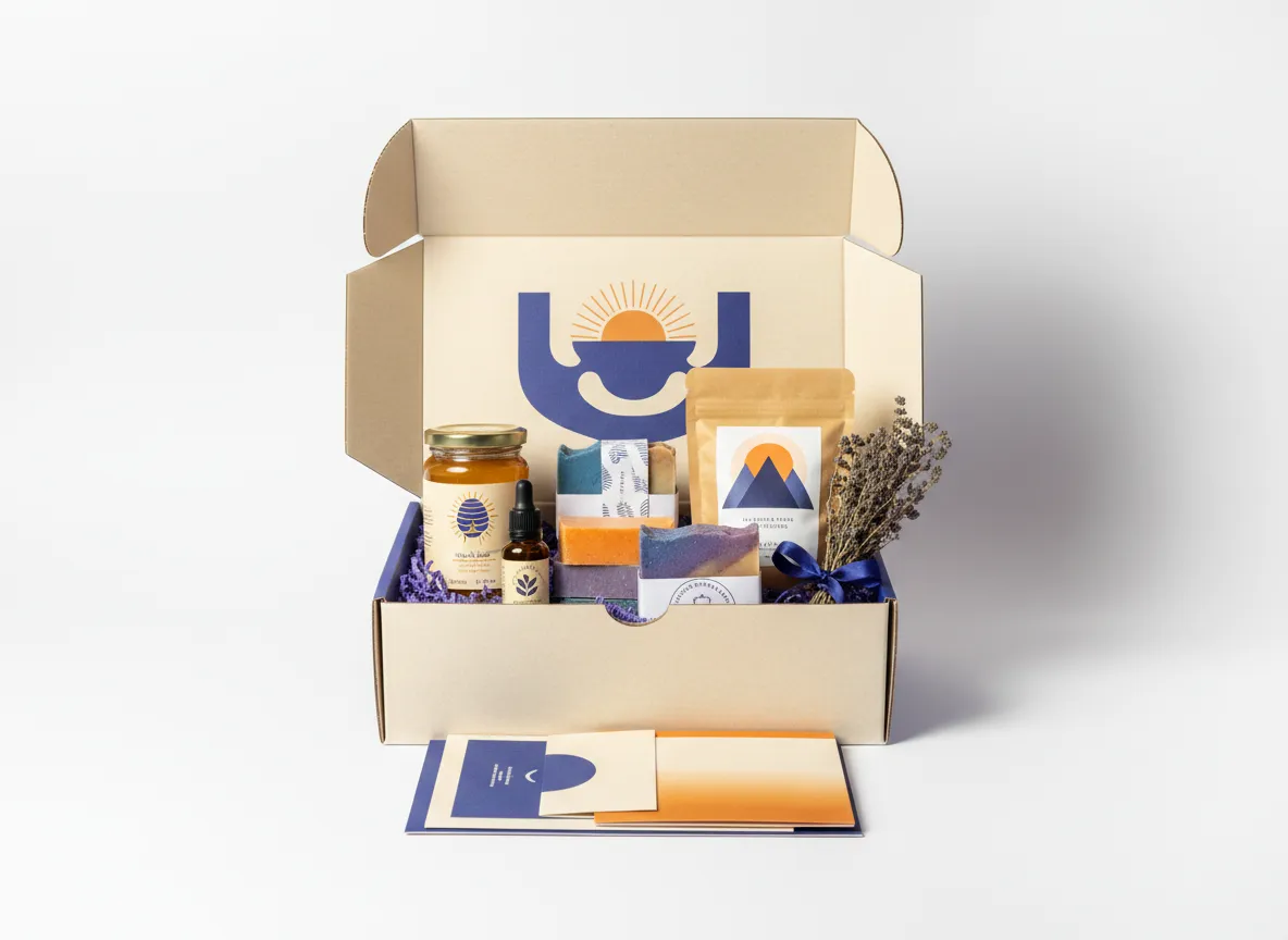 Open branded welcome box with local products