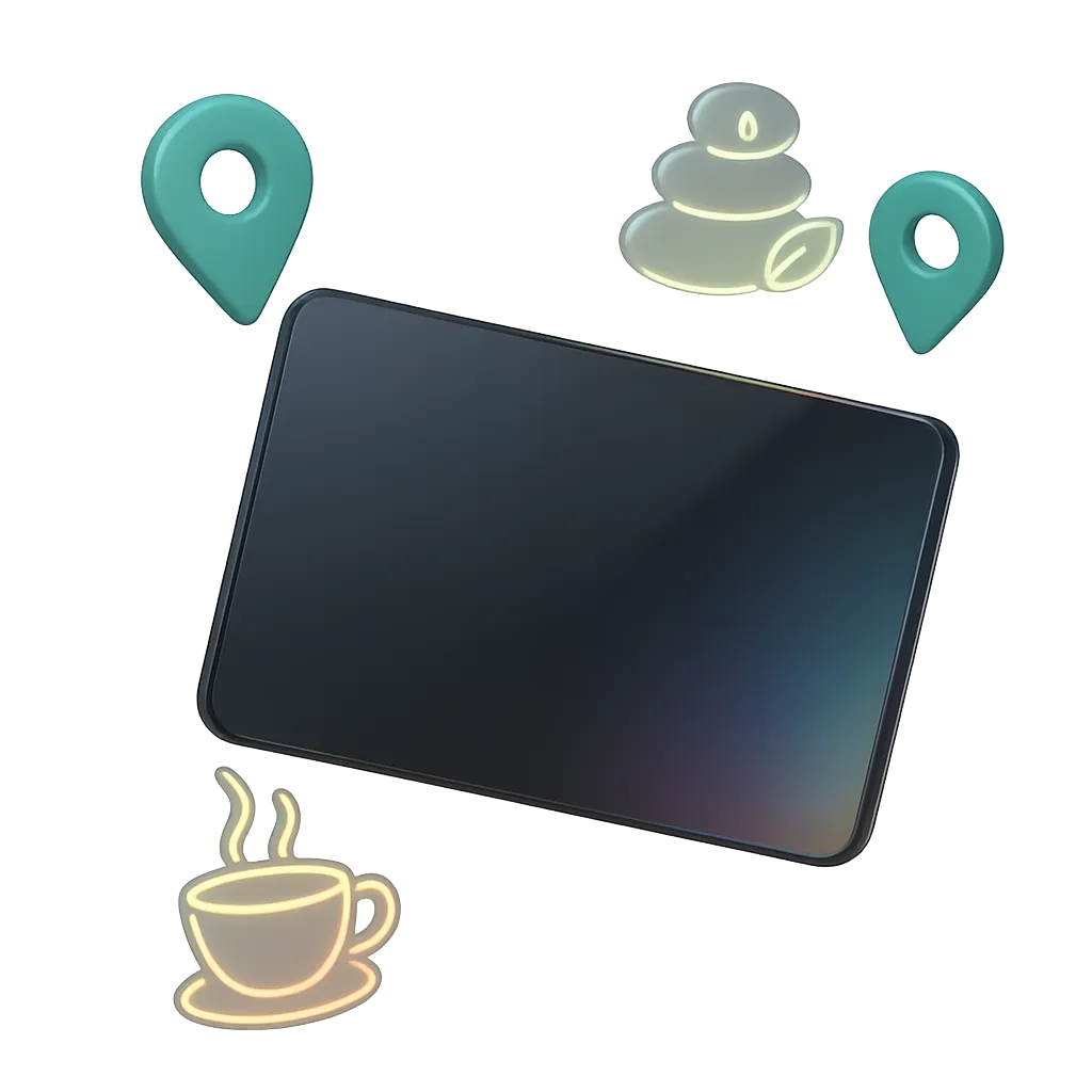 Sleek 3D digital LokaPass card floating amidst stylized minimal teal map pins and glowing lifestyle icons
