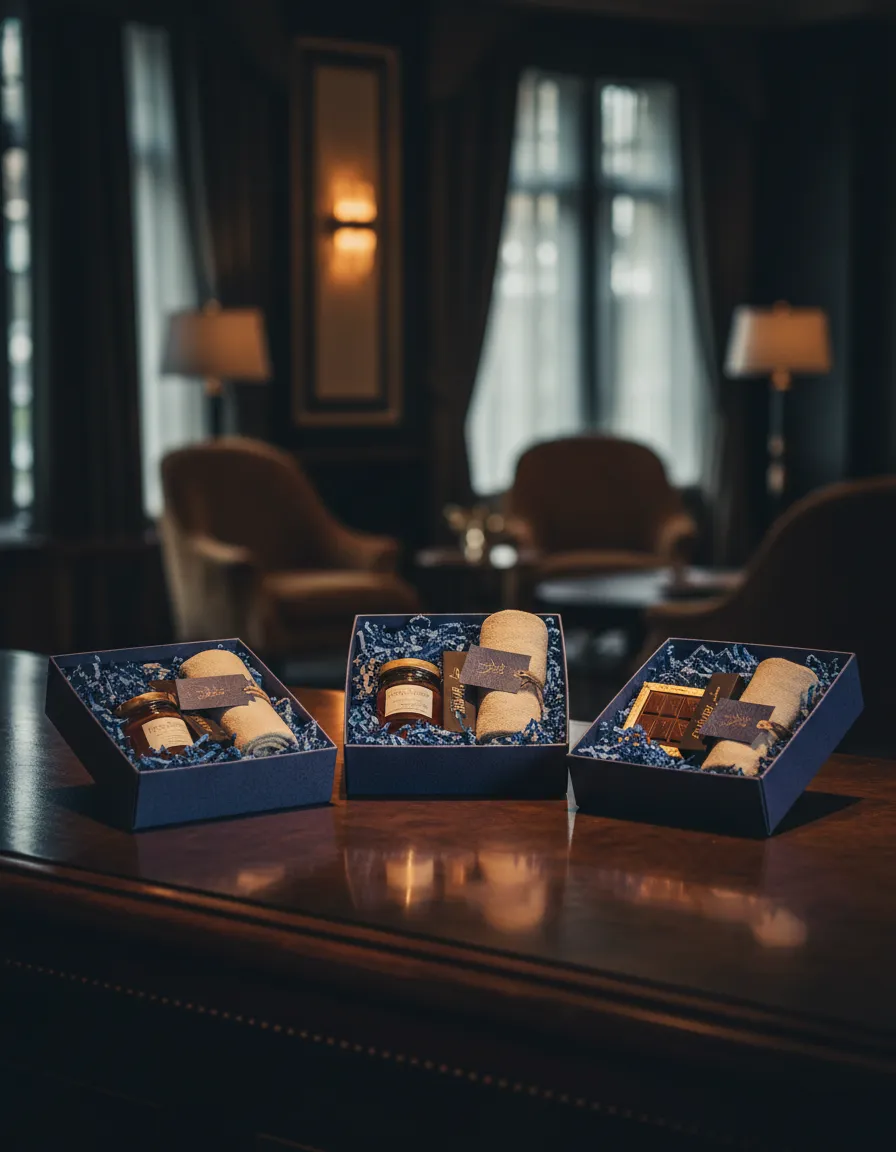 Custom welcome boxes arranged on a luxury hotel reception desk