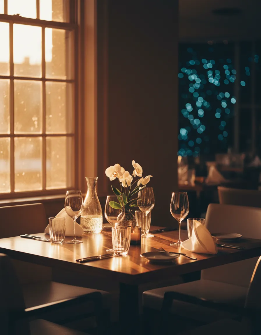 An inviting but currently empty restaurant table set beautifully during golden hour
