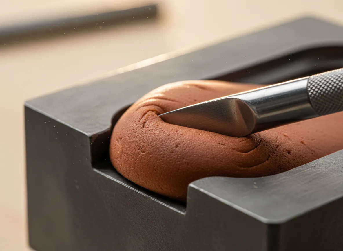 Desaturated industrial photography of modeling dough used for mold fillets