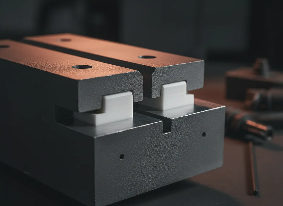 Desaturated industrial photography showing HDPE and epoxy alignment keys on a mold