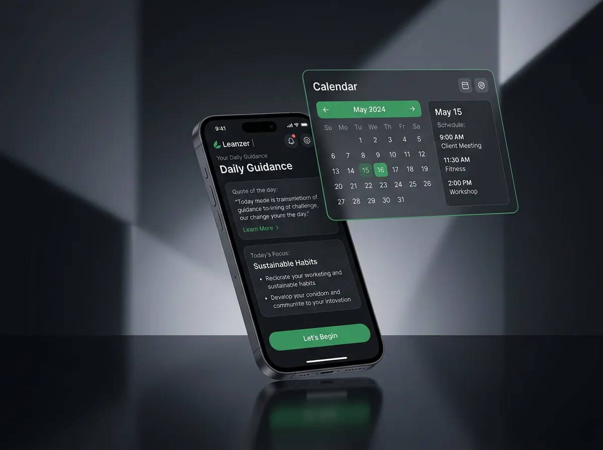 Leanzer platform dashboard and interface showing workout management on desktop and phone
